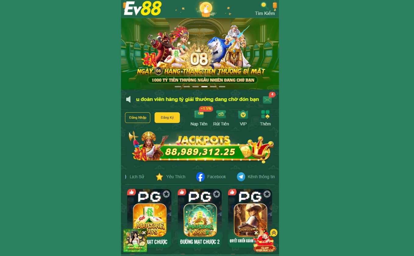 Giao diện trang chủ chính thức của nhà cái cá cược uy tín EV88